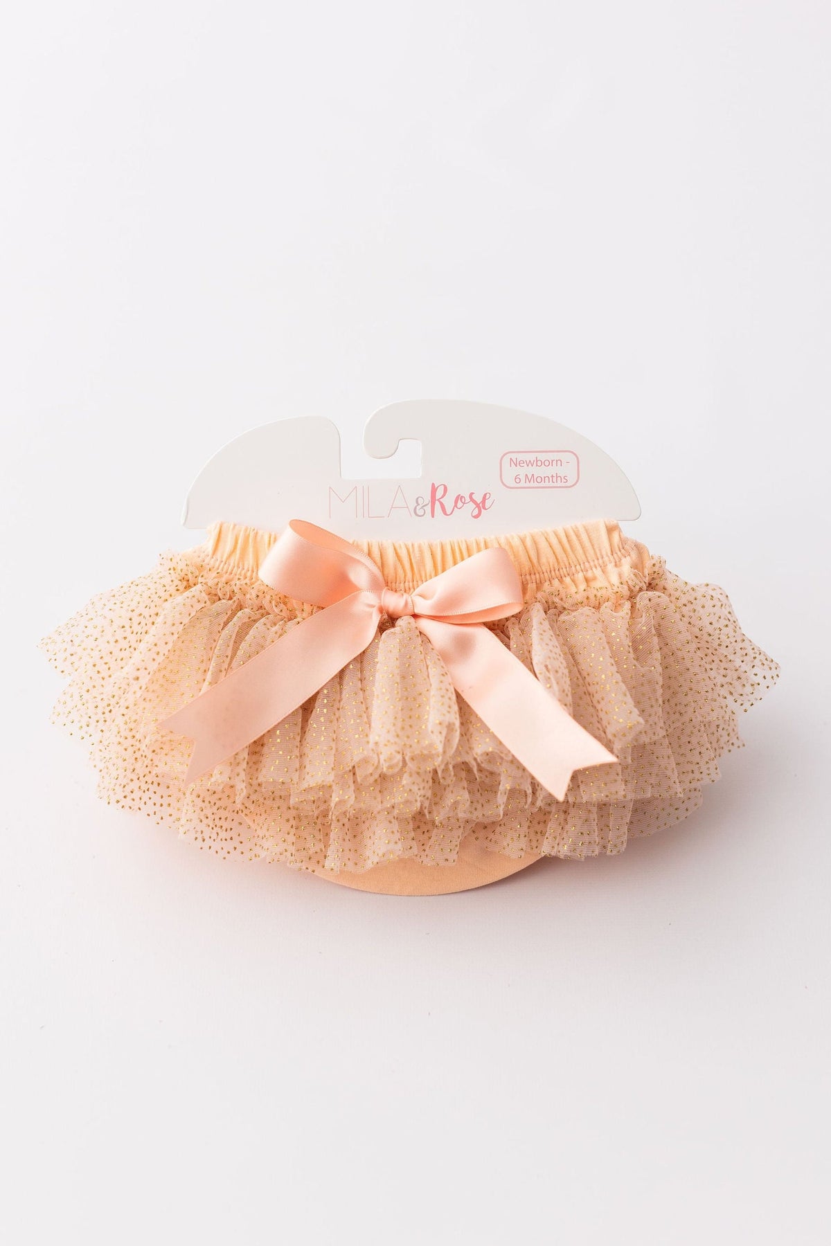 Peach & Gold Glitter Tutu Bloomer by Mila & Rose, featuring soft tulle ruffles and a satin bow, perfect for baby girls.