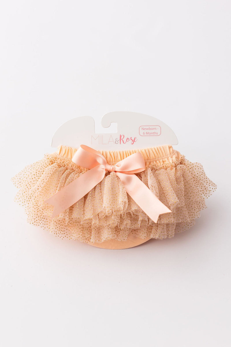 Peach & Gold Glitter Tutu Bloomer by Mila & Rose, featuring soft tulle ruffles and a satin bow, perfect for baby girls.