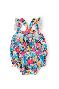 Petal Paradise Ruffle Cross Back Romper in a bright floral print with crisscross straps and ruffled shoulders.