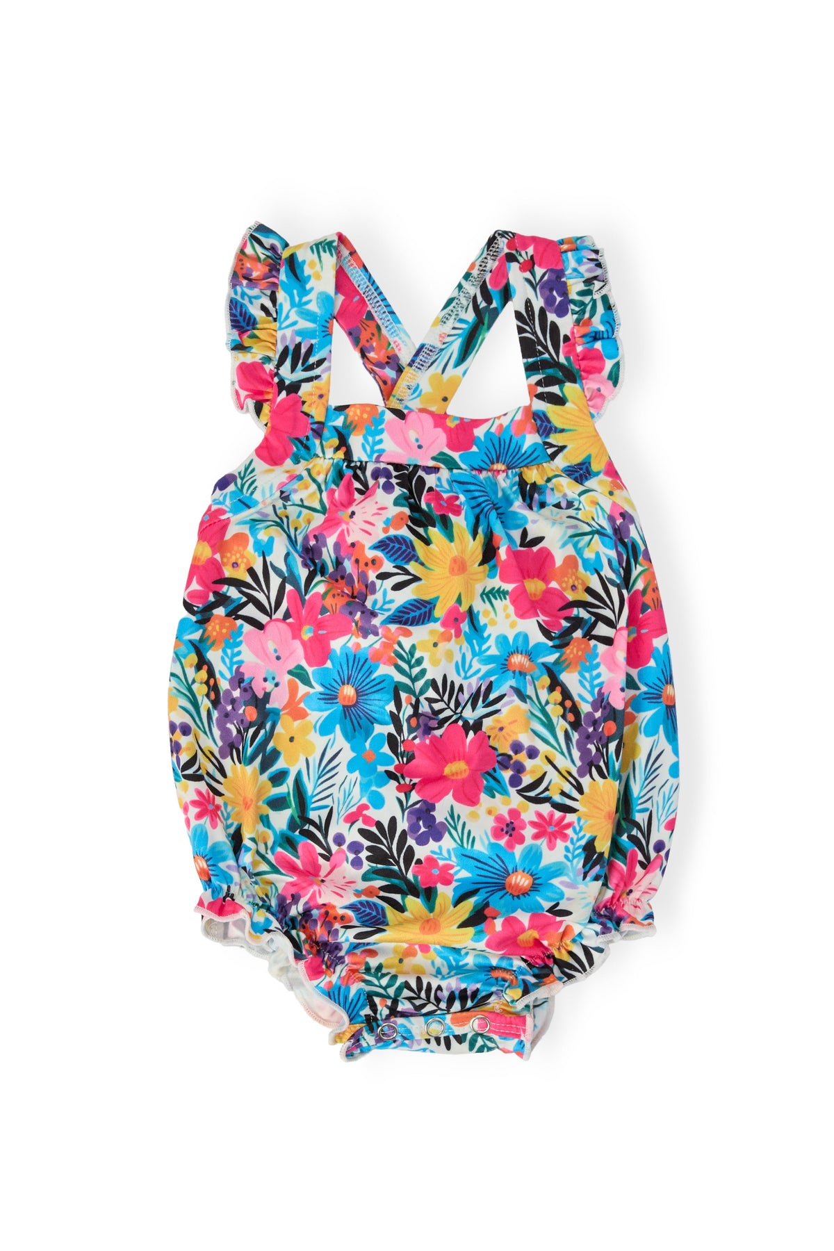 Petal Paradise Ruffle Cross Back Romper with bright floral print crisscross back straps and ruffled shoulders