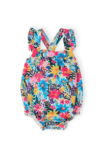 Petal Paradise Ruffle Cross Back Romper with bright floral print crisscross back straps and ruffled shoulders
