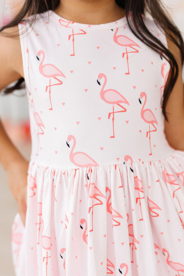 Beautiful Pink Paradise Flamingo Tank Girls Twirl Dress showing vibrant pink color and charming flamingo prints, ideal girls twirl dress.