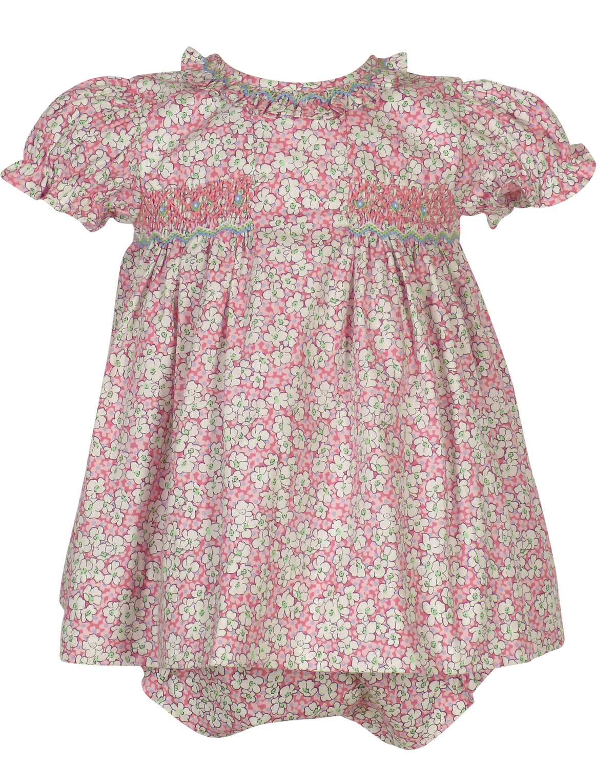 Pink floral smocked dress with white flowers, puff sleeves, and ruffled collar on a child