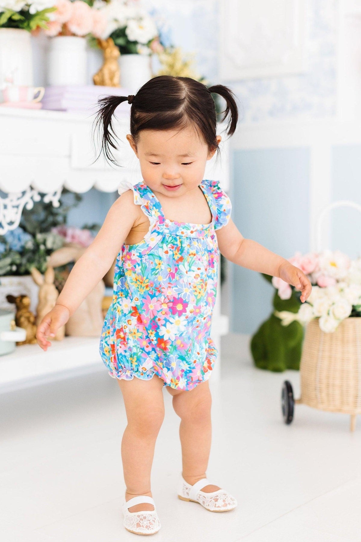 Preppy Floral Ruffle Cross Back Romper - Newborns to 24mos - The Palm Beach Baby Mila & Rose ®