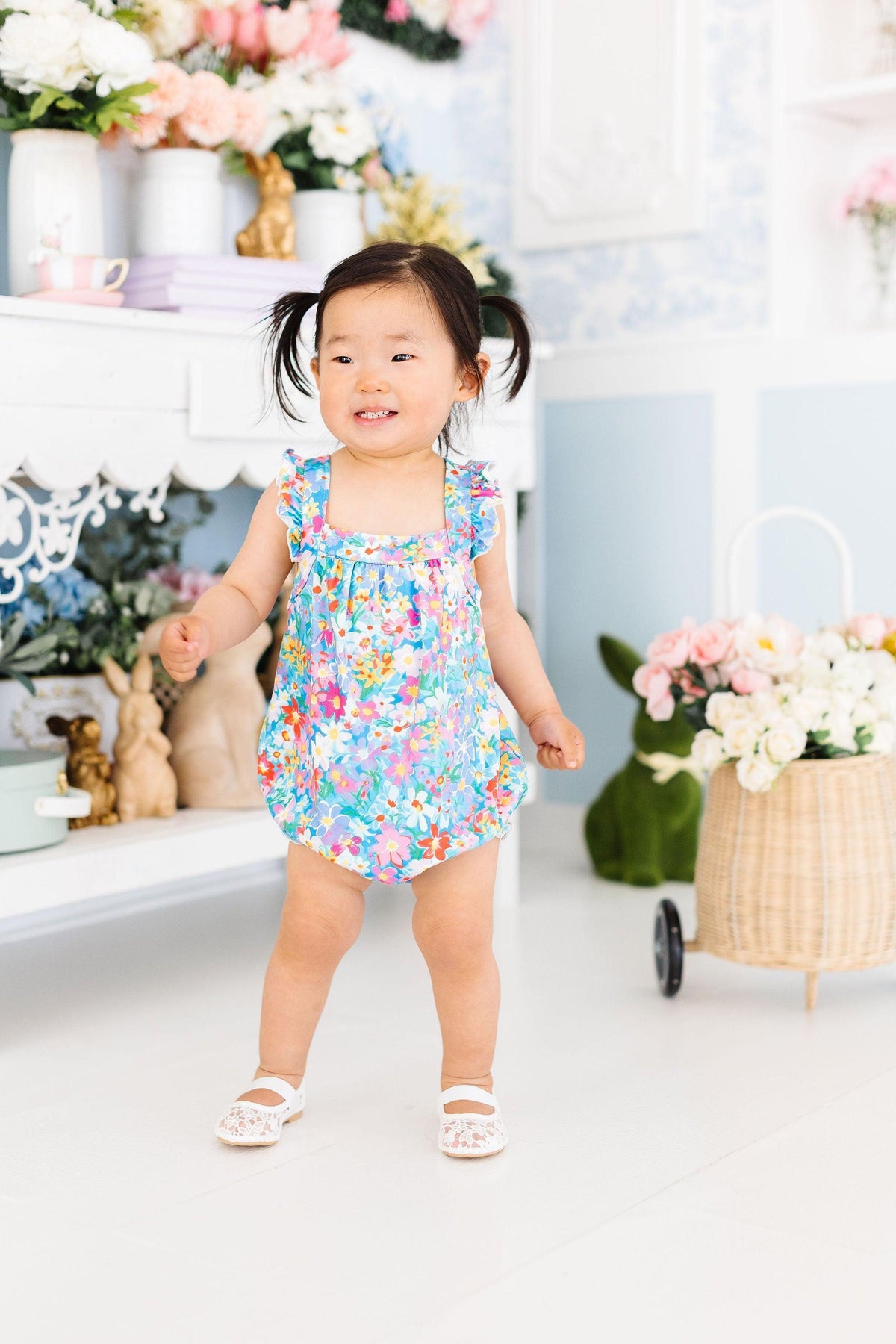 Preppy Floral Ruffle Cross Back Romper - Newborns to 24mos - The Palm Beach Baby Mila & Rose ®
