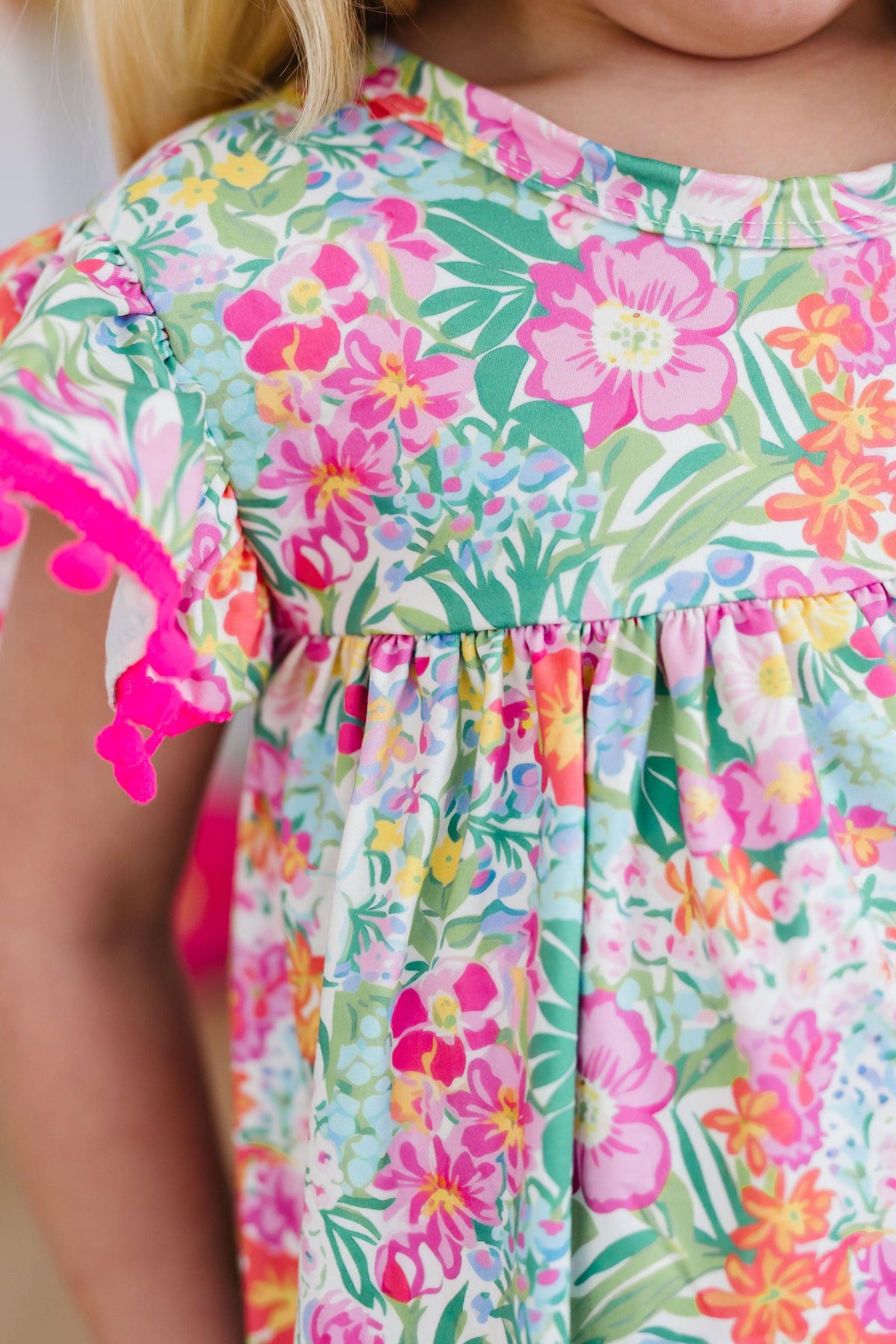 Preppy Petals Cute Pom Pom Dress for Girls - Tropical Print - The Palm Beach Baby Mila & Rose ®