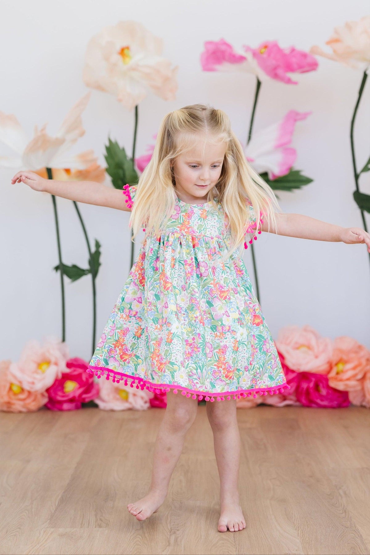 Preppy Petals Cute Pom Pom Dress for Girls - Tropical Print - The Palm Beach Baby Mila & Rose ®
