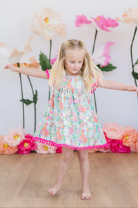 Preppy Petals Cute Pom Pom Dress for Girls - Tropical Print - The Palm Beach Baby Mila & Rose ®