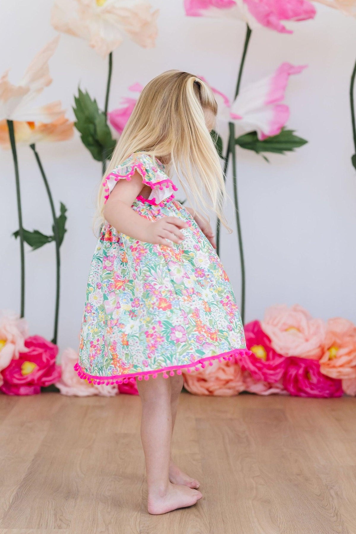 Preppy Petals Cute Pom Pom Dress for Girls - Tropical Print - The Palm Beach Baby Mila & Rose ®