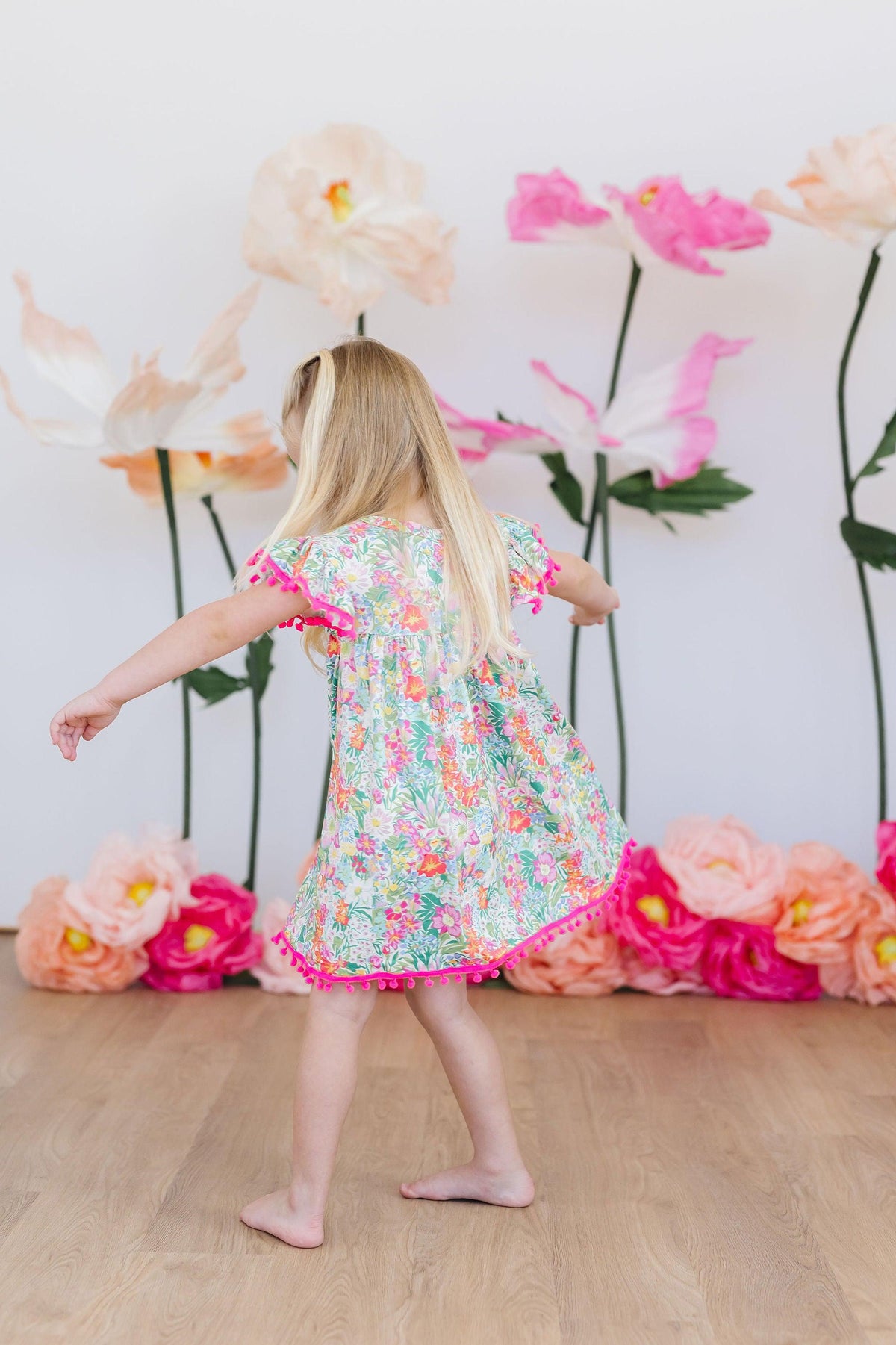 Preppy Petals Cute Pom Pom Dress for Girls - Tropical Print - The Palm Beach Baby Mila & Rose ®