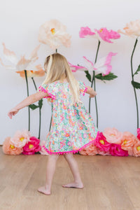 Preppy Petals Cute Pom Pom Dress for Girls - Tropical Print - The Palm Beach Baby Mila & Rose ®
