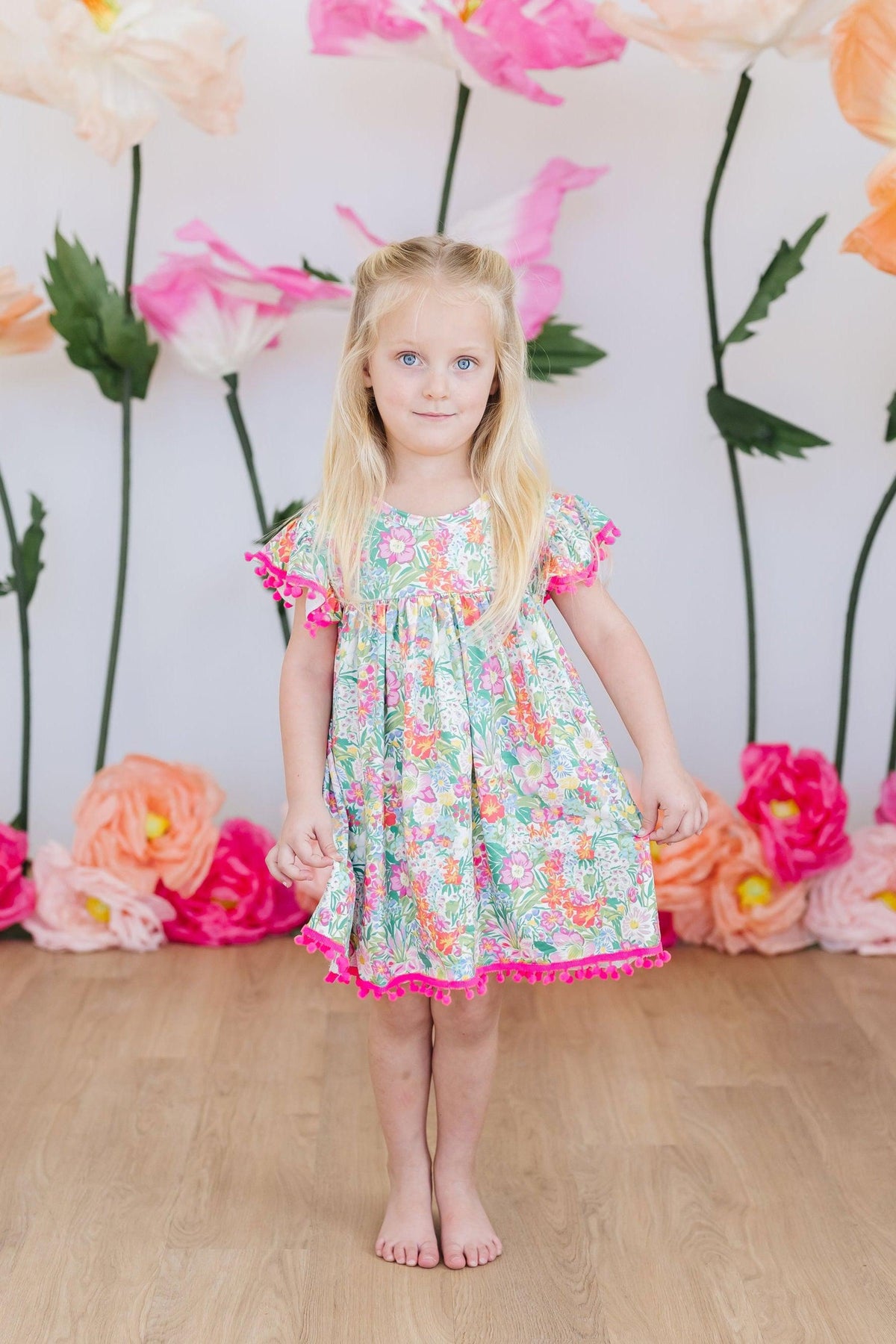 Preppy Petals Cute Pom Pom Dress for Girls - Tropical Print - The Palm Beach Baby Mila & Rose ®