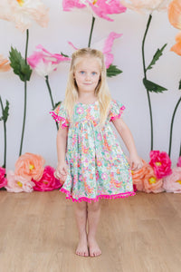 Preppy Petals Cute Pom Pom Dress for Girls - Tropical Print - The Palm Beach Baby Mila & Rose ®