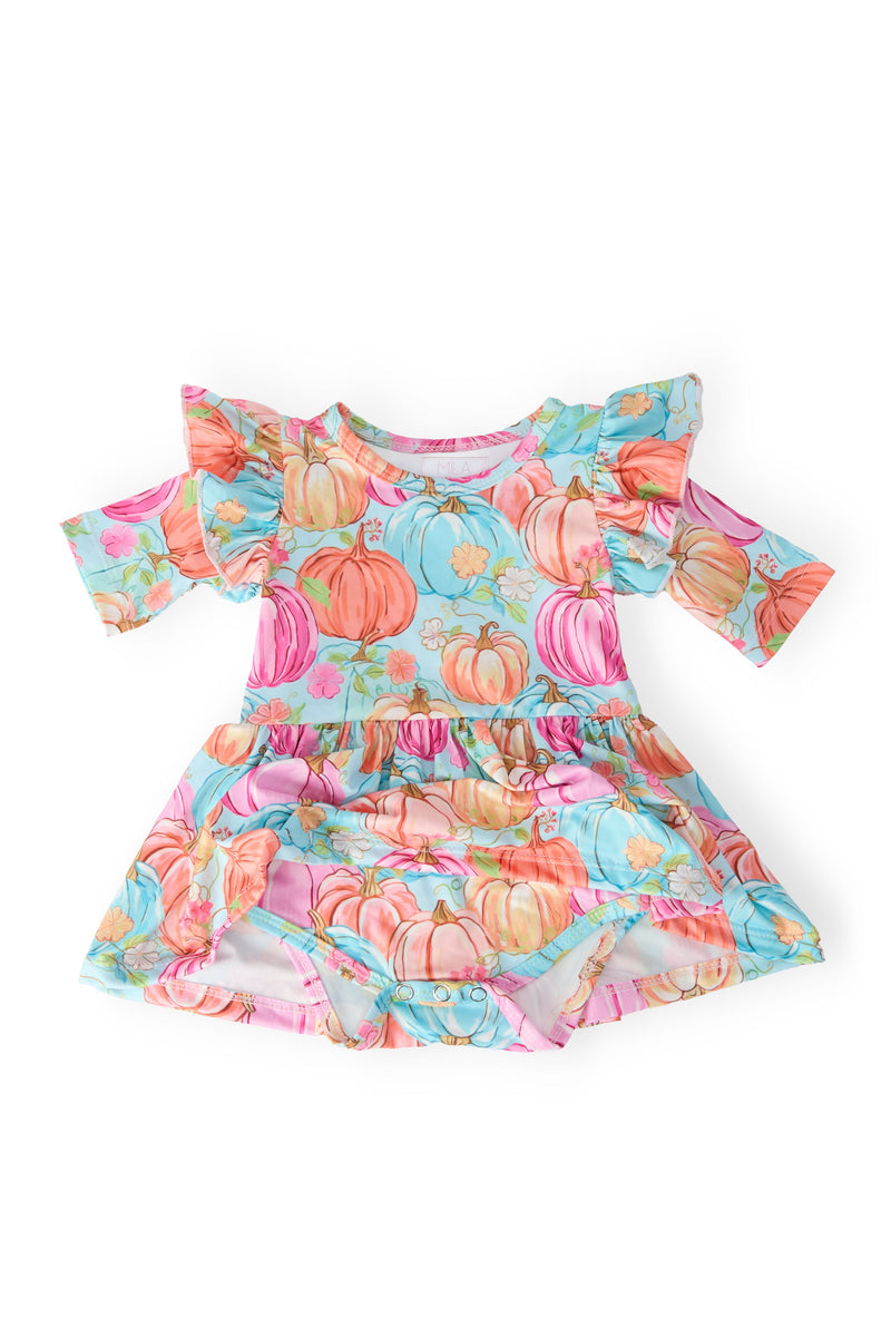 Adorable Preppy Pumpkins 3/4 Sleeve Twirl Flutter Bodysuit with colorful pumpkin prints, ideal for playful moments and family outings this autumn.