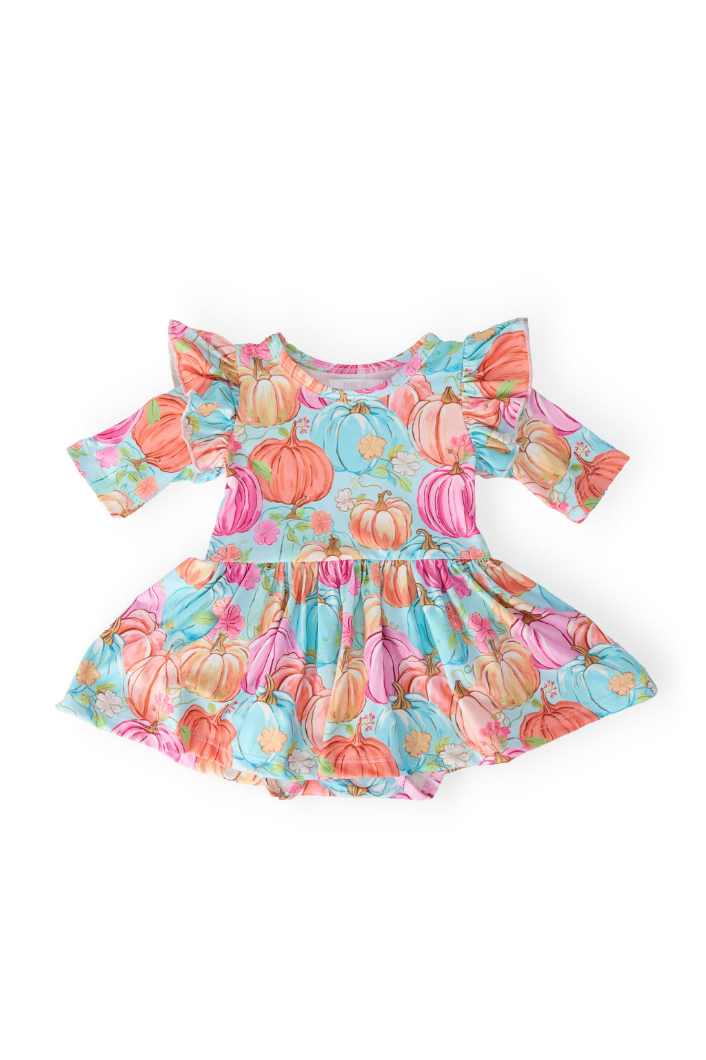 Preppy Pumpkins 3/4 Sleeve Twirl Flutter Bodysuit featuring vibrant pumpkin designs, perfect for little autumn adventurers. Twirl into style this fall!