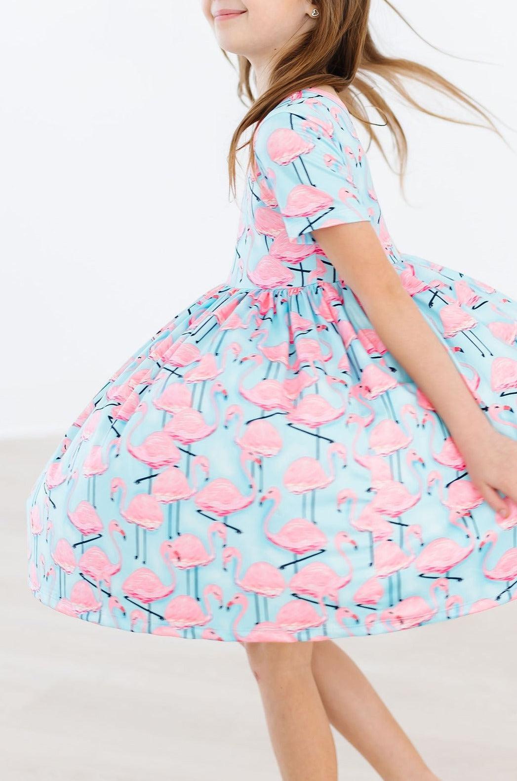 Pretty in Pink Flamingos Short Sleeve Pocket Twirl Dress - The Palm Beach Baby Mila & Rose ®