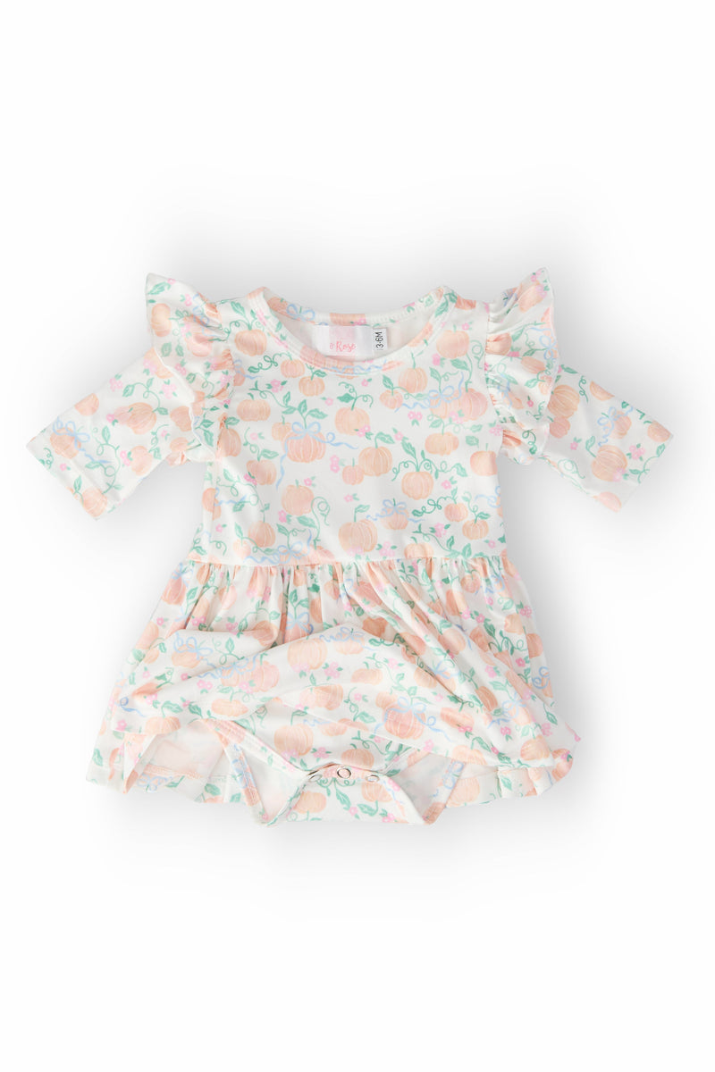 Pretty Pumpkins Twirl Flutter Bodysuit for infants, designed for playful twirling and comfortable adventures, featuring a chic snap closure for easy diaper changes.