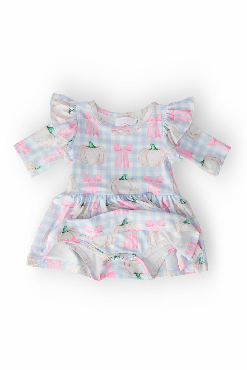 Delightful Pumpkin Picnic Twirl Flutter Bodysuit from Mila & Rose displayed on a playful background, perfect for picnics and family gatherings with a twirl of joy!