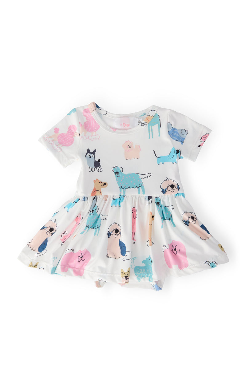 Puppy Pals Short Sleeve Twirl Bodysuit featuring a playful puppy print design, perfect for active babies and toddlers, designed for comfort and fun.