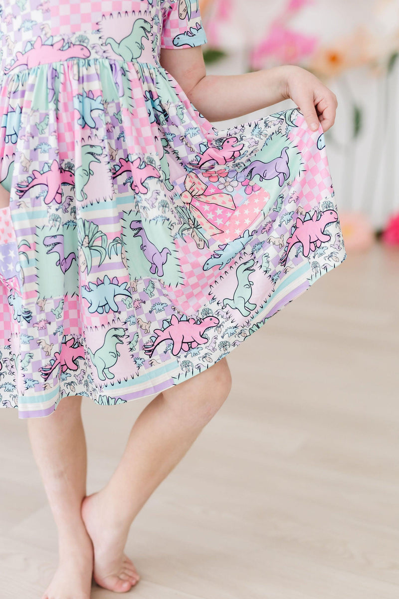 Quilted Dinos Short Sleeve Pocket Twirl Dress