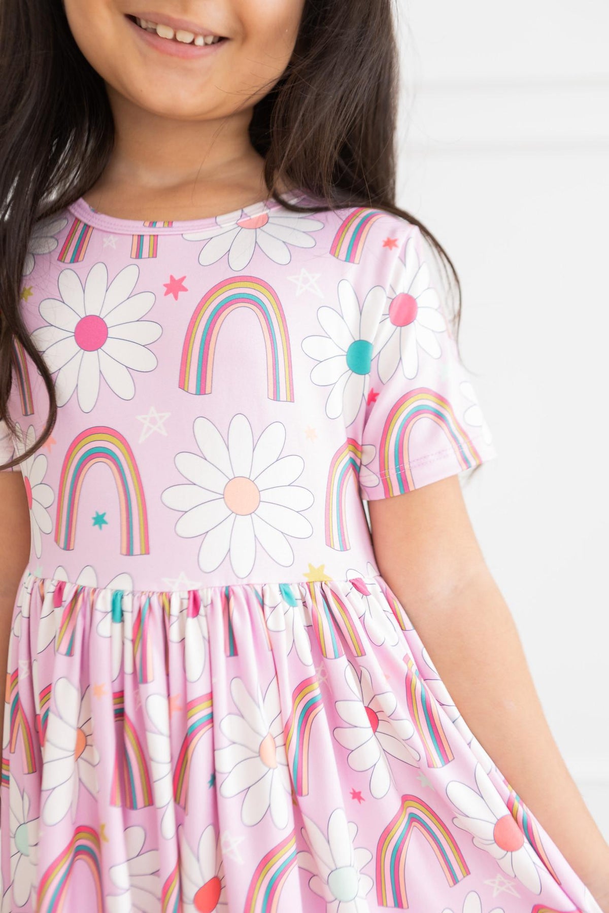Rainbow Daisies Short Sleeve Pocket Twirl Dress