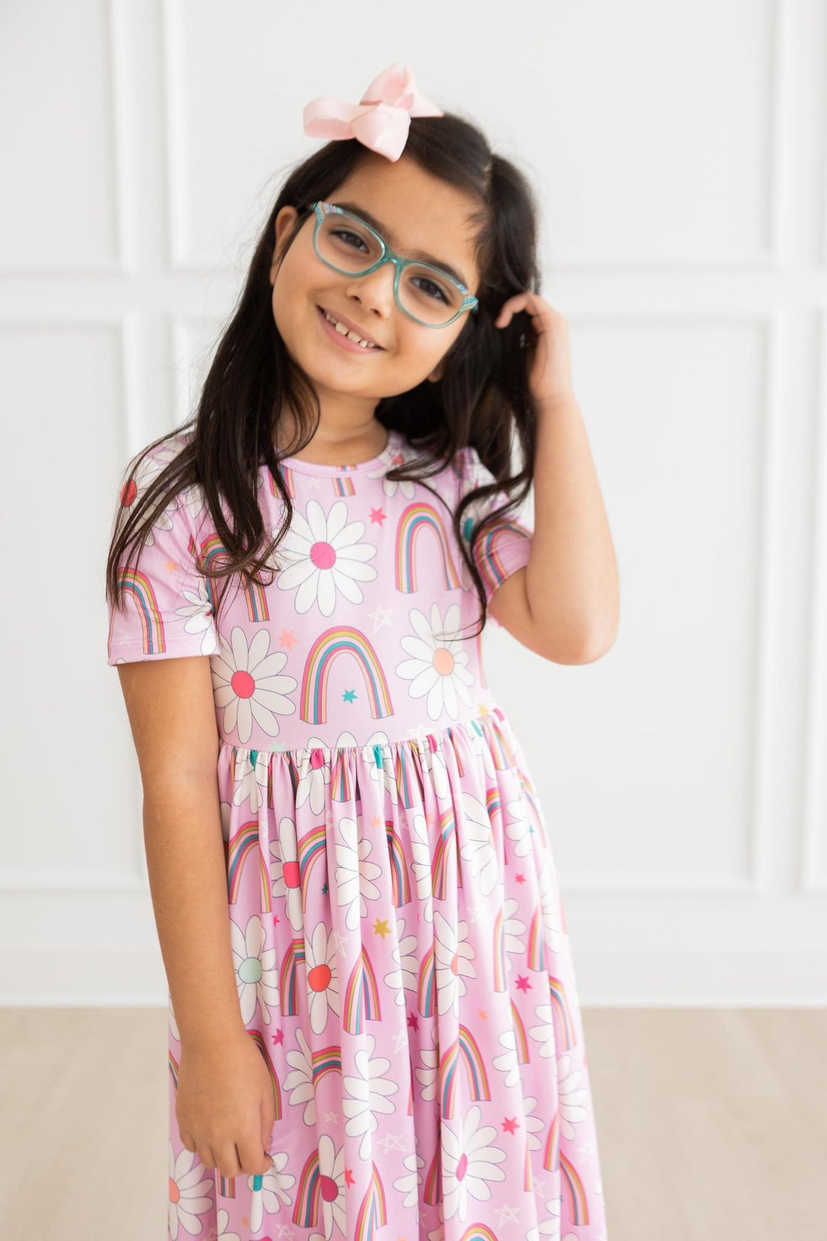 Rainbow Daisies Short Sleeve Pocket Twirl Dress