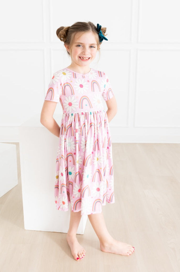 Rainbow Daisies Short Sleeve Pocket Twirl Dress