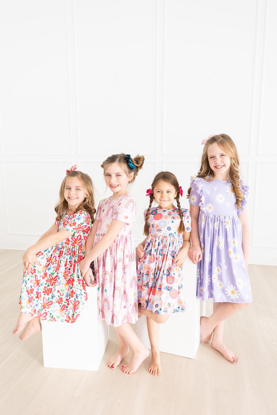 Rainbow Daisies Short Sleeve Pocket Twirl Dress