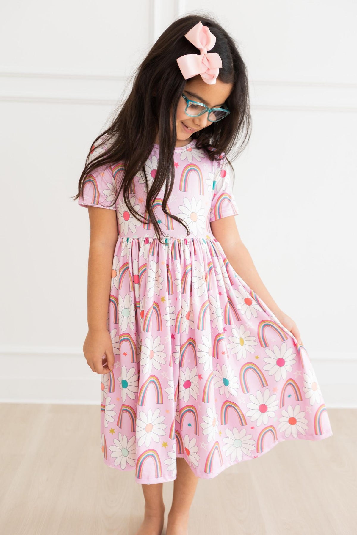 Rainbow Daisies Short Sleeve Pocket Twirl Dress