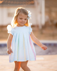 Little girl wearing a light blue swing dress with flutter sleeves and colorful rainbow pleats down the front.
