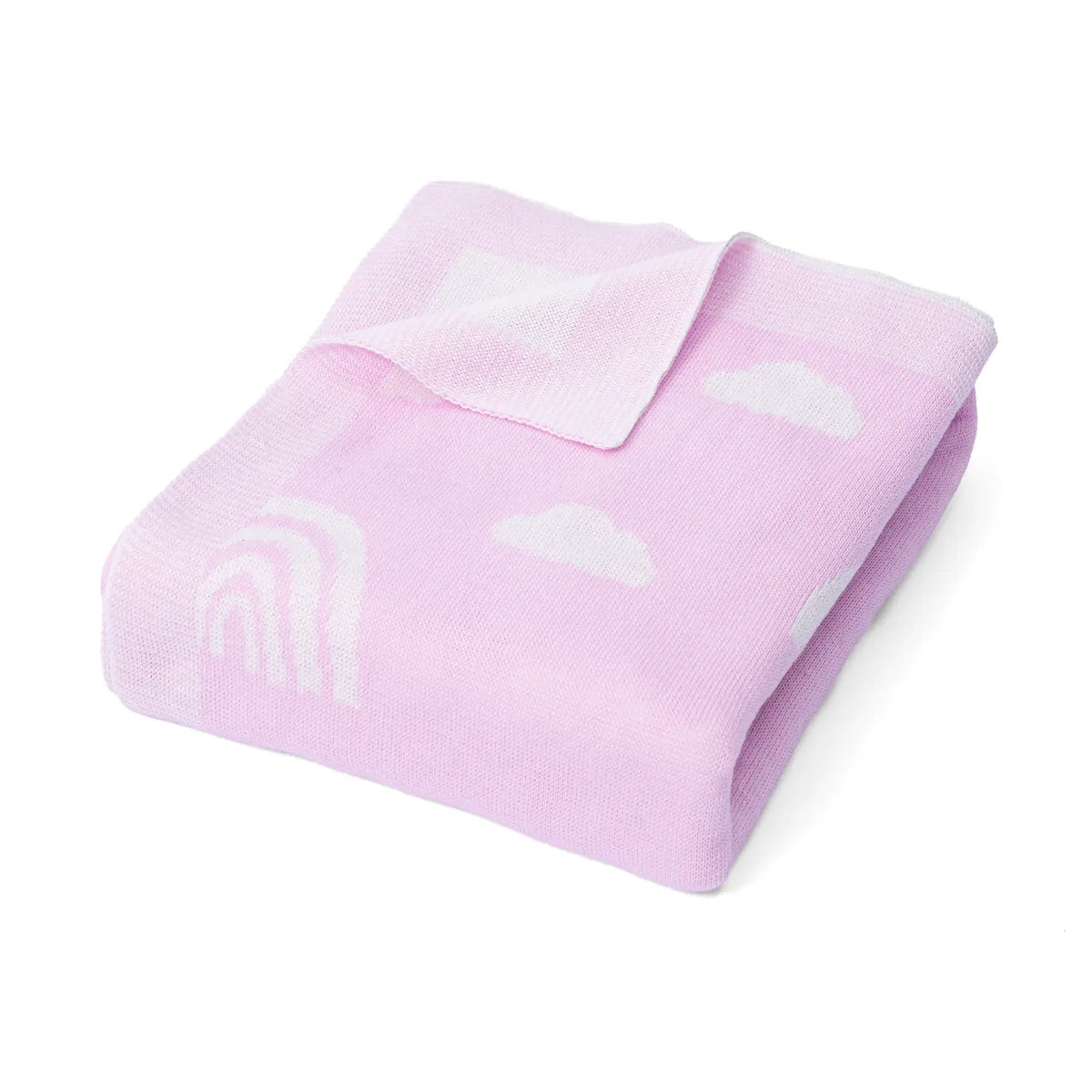 Folded light lilac pink baby blanket with white jacquard rainbow corner and cloud motifs on clean white background