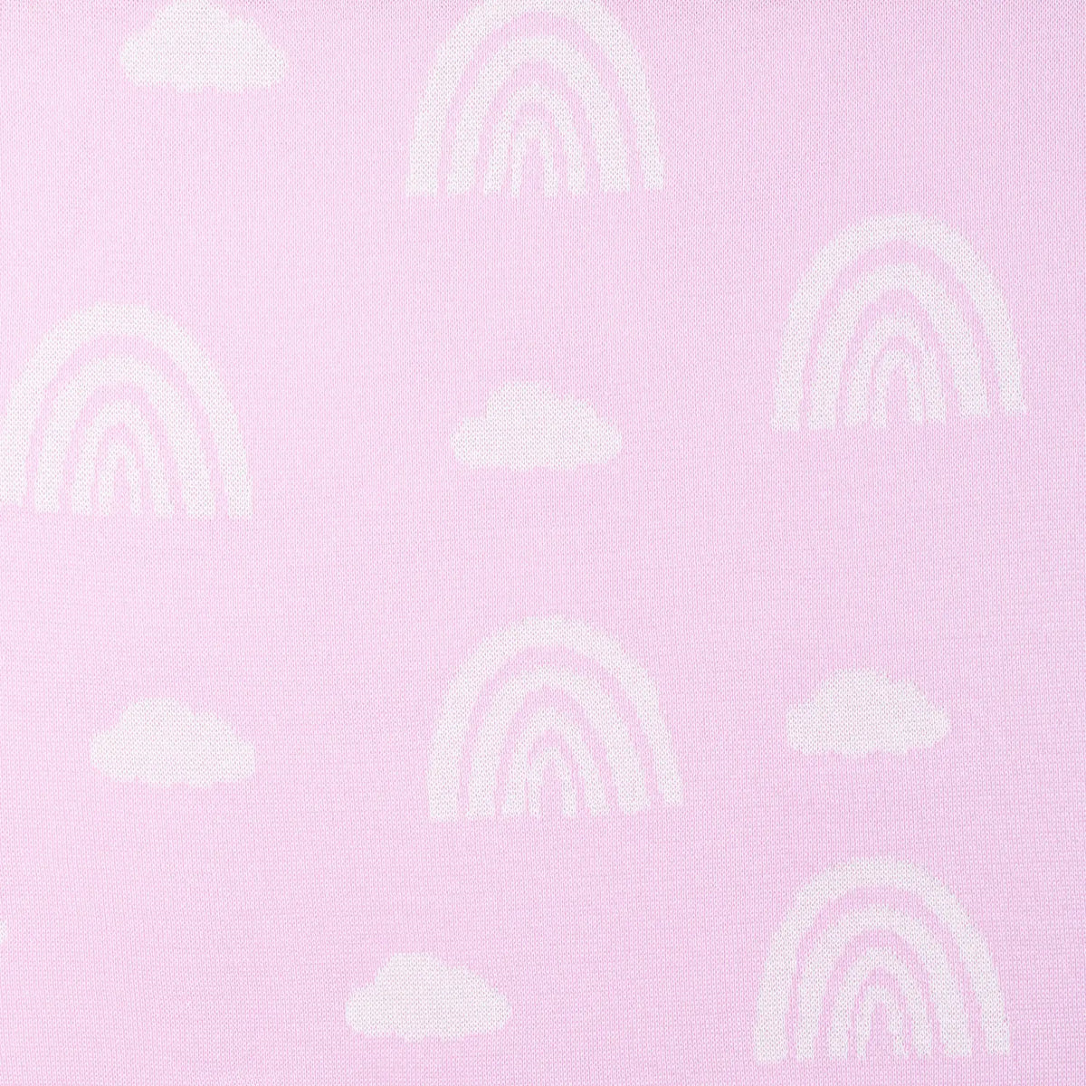 Flat detail of crisp knitted design showing distinct white arched rainbows and scattered clouds against solid lilac