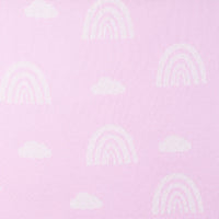 Flat detail of crisp knitted design showing distinct white arched rainbows and scattered clouds against solid lilac