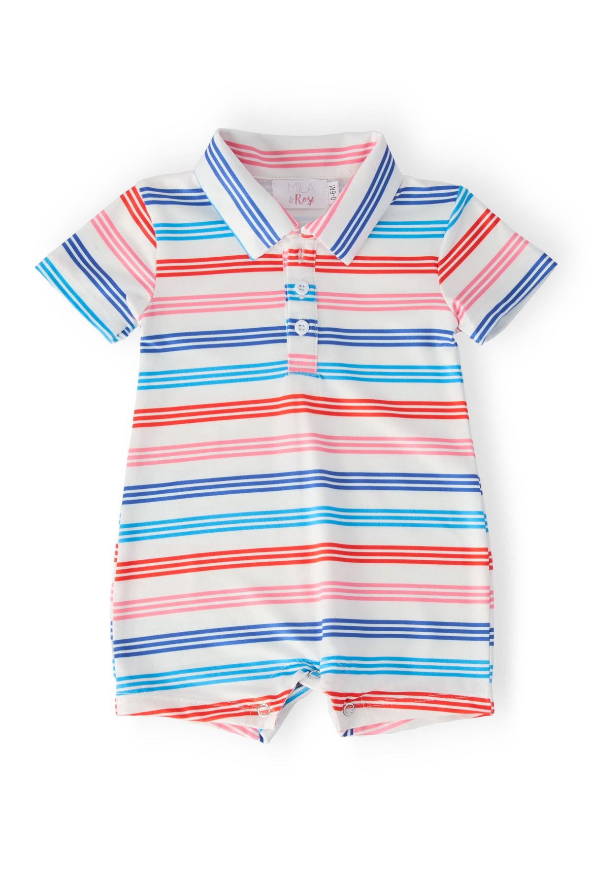 Multi-stripe polo shorty one-piece romper with collar for babies and toddlers, front placket and bottom snaps.