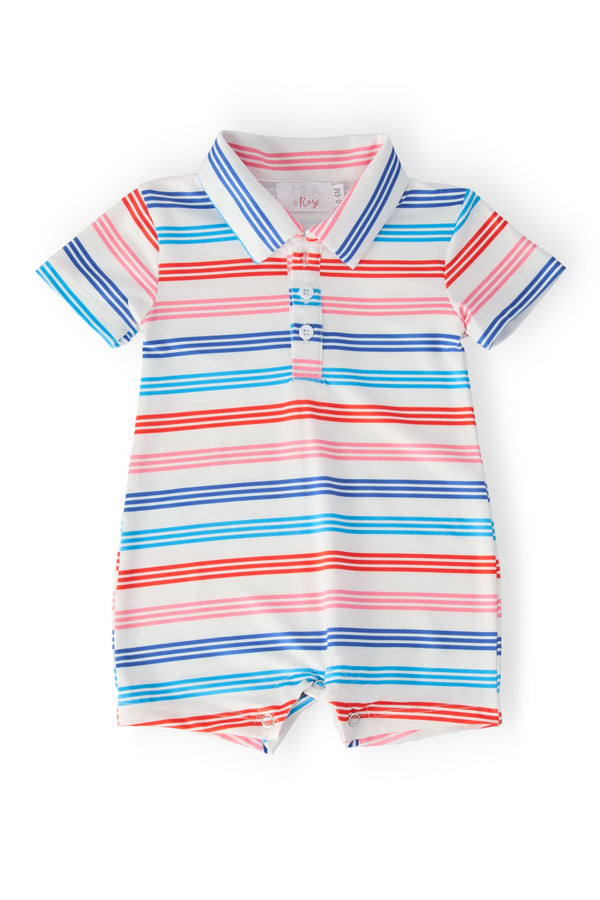 Multi-stripe polo shorty one-piece romper with collar for babies and toddlers, front placket and bottom snaps.