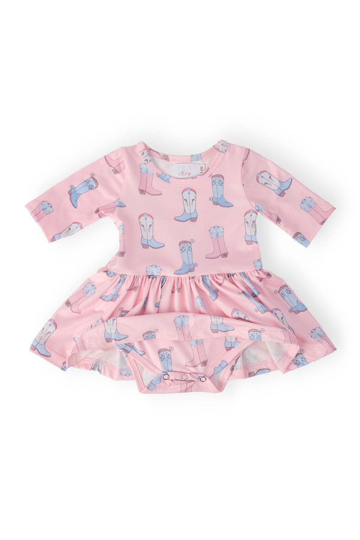 Ribbons & Rodeos pink 3/4 sleeve twirl bodysuit with blue cowboy boot print and diaper-snap closures.