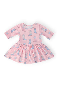 Pink Ribbons & Rodeos 3/4 sleeve twirl bodysuit for babies with blue cowboy boots print; snap closures.