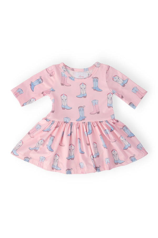 Pink Ribbons & Rodeos 3/4 sleeve twirl bodysuit for babies with blue cowboy boots print; snap closures.