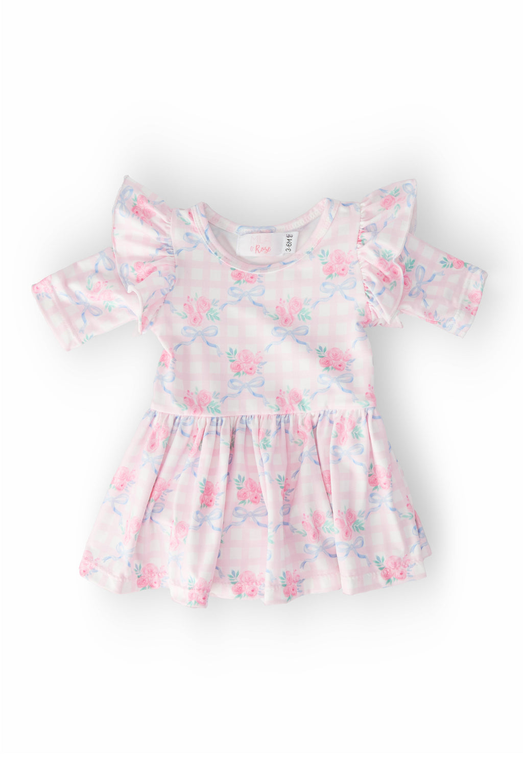 Ribbons & Roses 3/4 Sleeve Flutter Twirl Bodysuit from Mila & Rose, featuring a charming pastel floral print with flutter sleeves and a gathered skirt for twirling delight.
