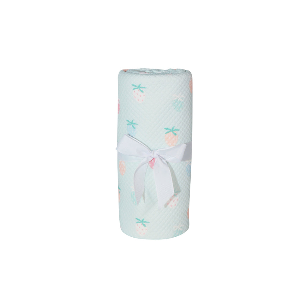 Strawberry Pattern Printed Knit Blanket rolled and tied with a ribbon, showcasing its soft texture and adorable strawberry designs.