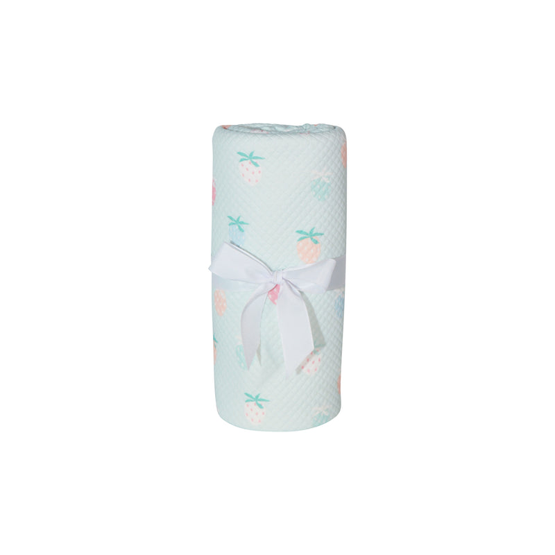 Strawberry Pattern Printed Knit Blanket rolled and tied with a ribbon, showcasing its soft texture and adorable strawberry designs.