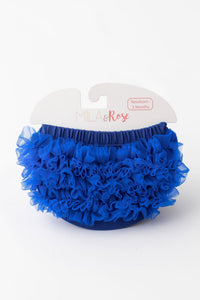 Royal blue ruffle bum bloomer with back-only fluff, ideal for newborn photos and cake smash.