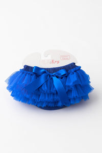 Royal blue ruffle tutu bloomer with ruffles on front and back and a satin bow.
