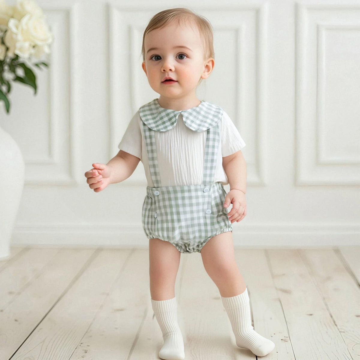 Carlton check romper and shorts outfit for boys on a baby, green gingham suspenders with a white top.