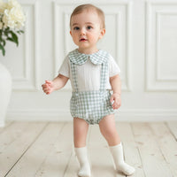 Carlton check romper and shorts outfit for boys on a baby, green gingham suspenders with a white top.