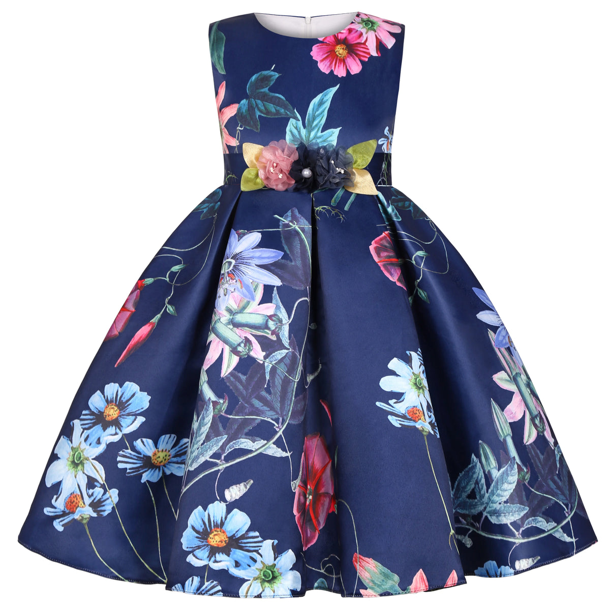 Navy sleeveless girls' dress with six-color tropical floral print, ruched waist flower belt, full pleated skirt.