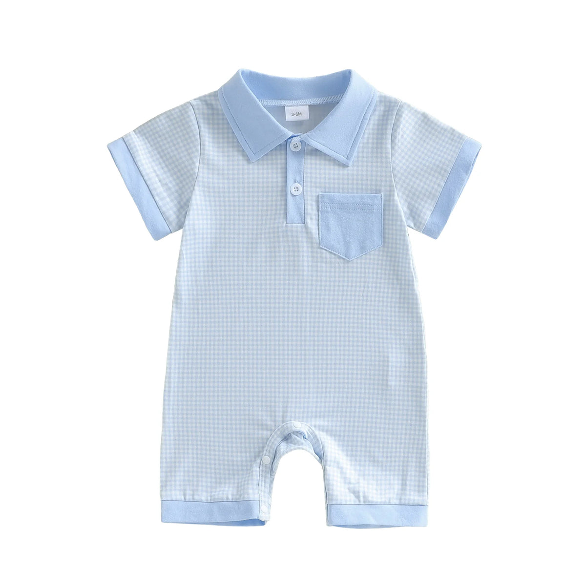 Colton Polo Boys Plaid Knit Romper with turn-down collar, chest pocket, and leg snaps in light blue gingham.