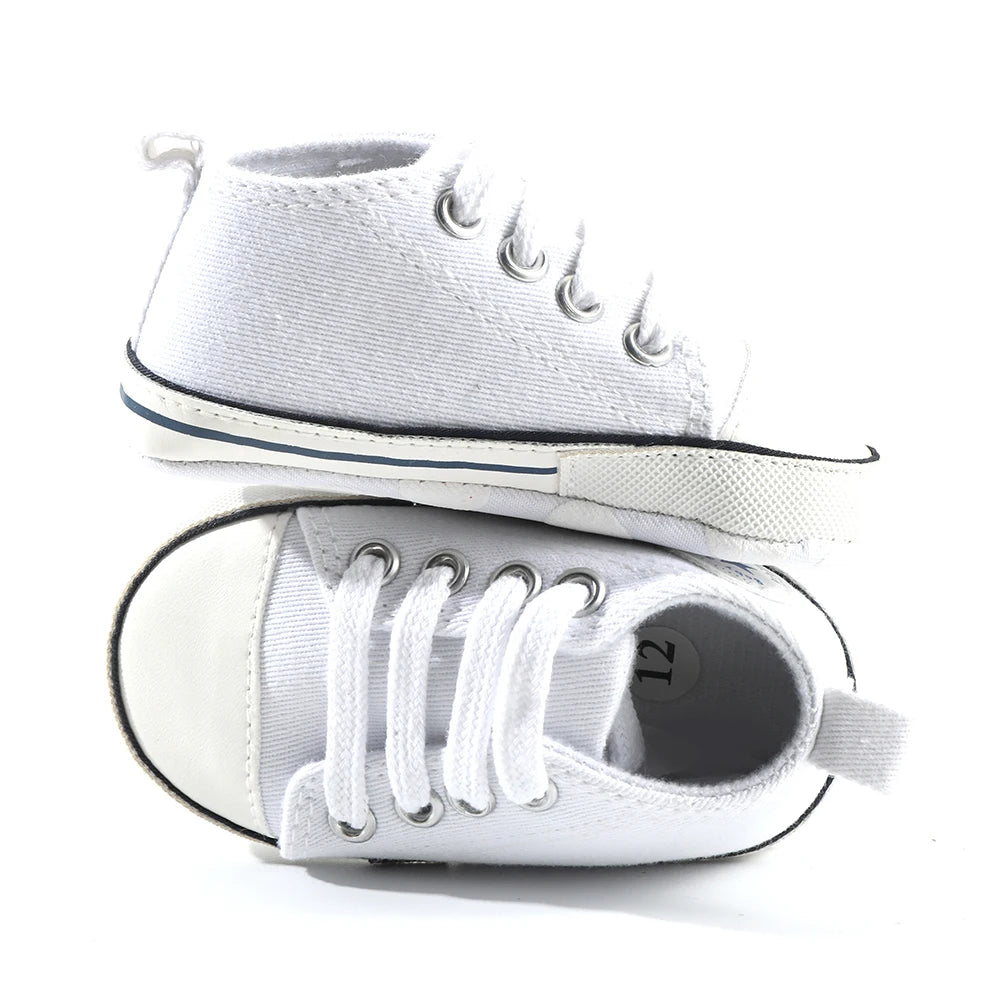 Baby's Canvas Soft Soles Lace-up First Walkers - White Star showcasing a charming design with a white star pattern, perfect for baby's first steps.