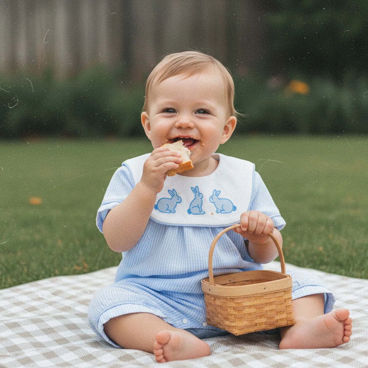 My Little Blue Bunny Embroidered Seersucker Baby Romper - The Palm Beach Baby Estimated 12 - 20 Day Shipping
