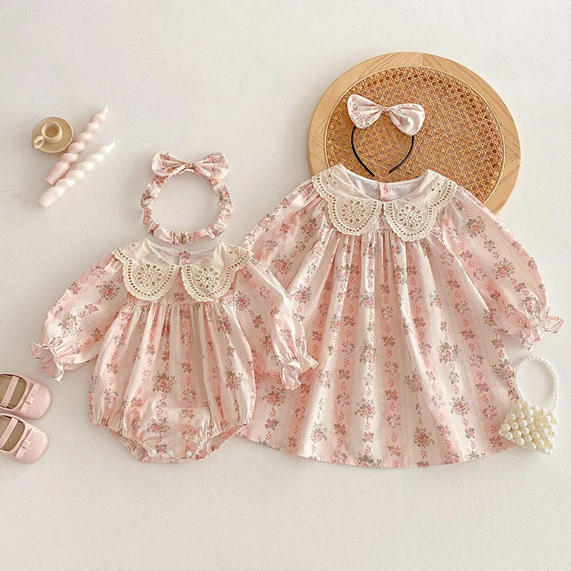 "Emma" Palm Beach Pink Sibling Lace Florals - Dress or Romper